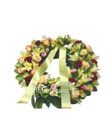 Corona funebre tonalità verde/rosa cm. 60