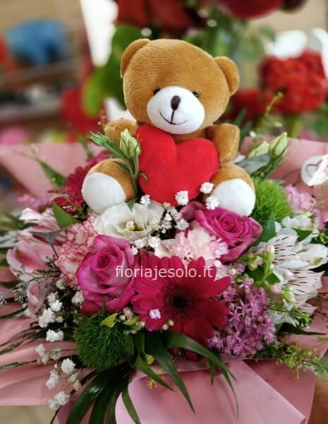 Flowerbox con piante e orsetto in peluche cm 15 x h.cm 30