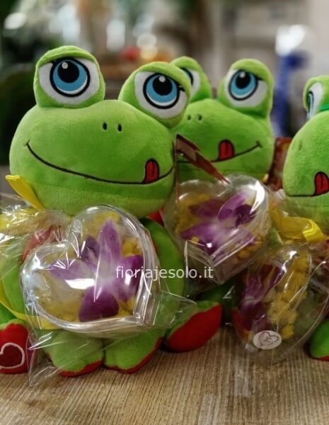 Frog in peluche con Cuore di mimosa. Cm 20 x h30 circa